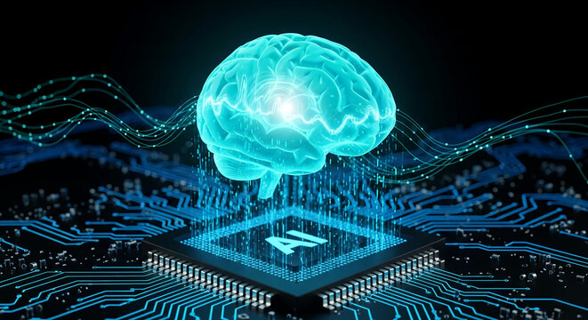 Cyan brain model above AI processor on circuit board, representing artificial intelligence, data processing, and technological advancement - Powered by Adobe