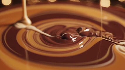 Rich 4k video of chocolate pouring and swirling in a delicious dessert