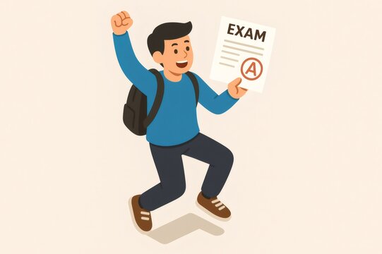 Happy student holding an exam paper with an A grade, celebrating academic achievement and a good test result