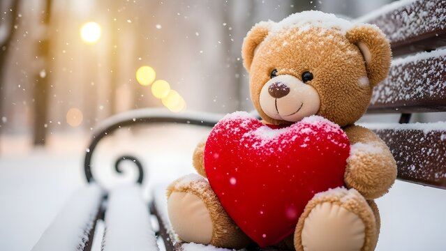Happy valentine's day snowy teddy bear holding red heart