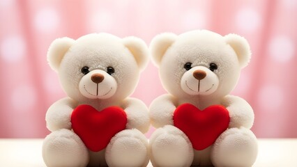 Happy valentines day twin teddy bears holding red hearts together