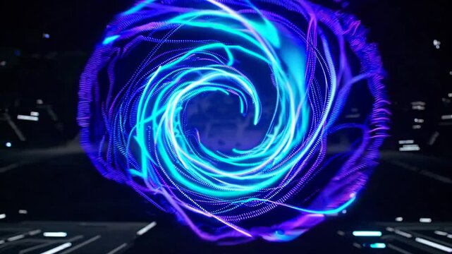 Waves of glowing particles form an abstract energy field of vibrant blue and purple neon colors. A sci-fi background with dimensional depth.