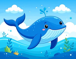 Obraz premium Adorable cartoon whale swimming in a blue ocean with splashes of water
