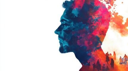 Obraz premium A profile of a persons head and shoulders with a colorful abstract design overlaying the silhouette against a white background