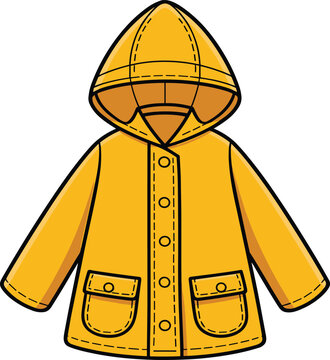 Yellow hooded raincoat illustration with pockets and buttons, waterproof kids jacket design for weather protection, fashion concepts, and clothing graphics
