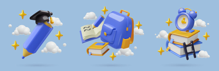Education concept 3d vector illustrations set with school bag, big pencil, books and alarm clock with stars and clouds.