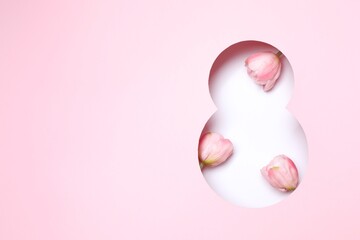 Obraz premium Spring flowers visible through cut pink paper in shape of figure 8. Women's Day celebration. 8 March