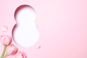 8 March - Happy International Women's Day. Greeting card design with pink tulip flowers, top view