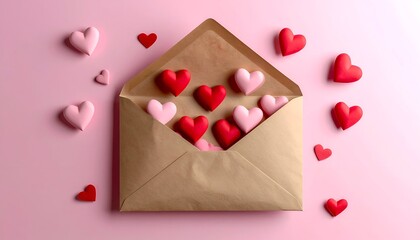 An open envelope spills colorful hearts onto a soft pink surface, creating a festive atmosphere