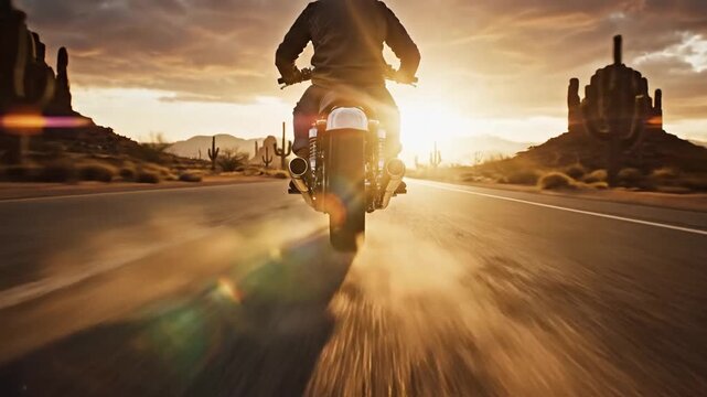 Motorcyclist Riding Into a Sunset on a Desert Road