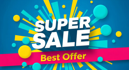 Abstract banner with "Super Sale" text in white, 3D style, on blue background with yellow and cyan shapes, promoting a best offer