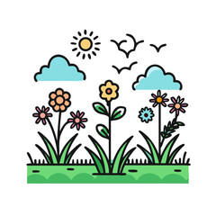 Obraz premium Wildflower meadow scene with bright colors and cheerful mood, illustration style, 
