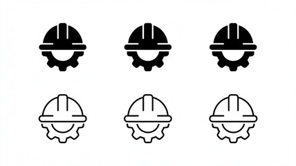 Set of six safety helmets with gears icon isolated on transparent background illustration