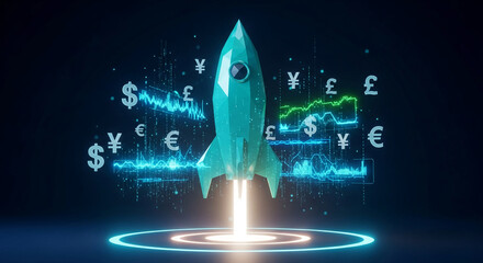 Teal rocket launching, surrounded by currency symbols and financial charts, representing financial growth, investment, and startup success