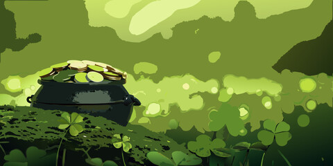 A vibrant illustration of a treasure pot overflowing with gold coins and clovers
