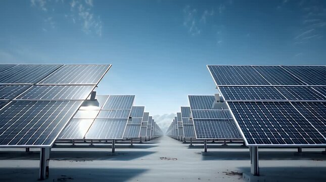 Industrial Solar Farm With Sunlight Glinting On Panels