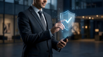 Businessman Touching Digital Security Shield Interface