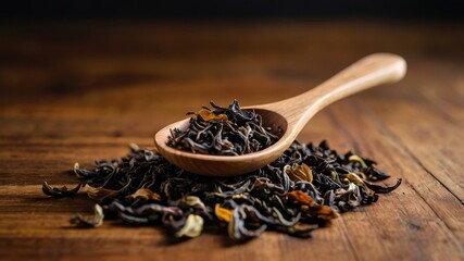 black tea in a wooden spoon