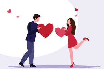 Cheerful couple sharing hearts. Valentine's day love sharing, romantic characters giving hearts to each other flat vector illustration