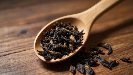 Tea leaves on wooden spoon