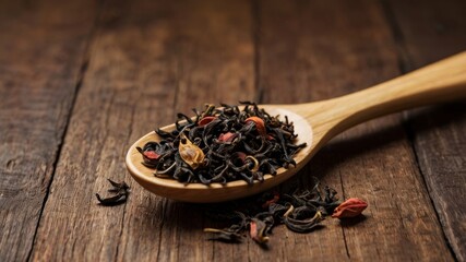 Tee leaves in a wooden spoon