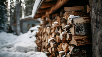 4K Stacked firewood covered in snow in a winter forest, ready for heating in a rustic cabin setting image