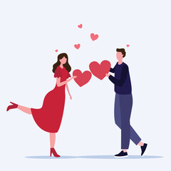 Cheerful couple sharing hearts. Valentine's day love sharing, romantic characters giving hearts to each other flat vector illustration