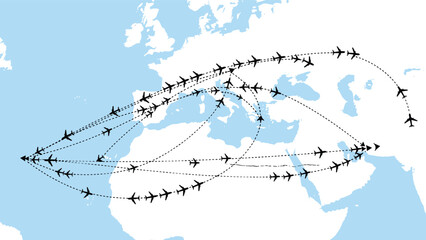    Airplane flight routes from North Africa to Europe and Middle East, aviation travel map, global air traffic illustration, flat vector © MdFaruk