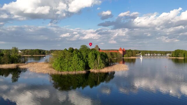 Aerial Drone View of Trakai Island Castle on Lake in Lithuania