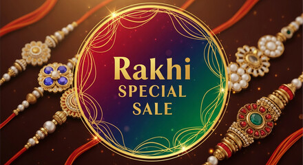 Elegant Rakhi bracelets with pearls and gemstones, showcased in a circular golden frame announcing a special sale.  Symbol of sibling bond and festive celebration