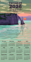 Monthly 2026 Calendar Vintage Travel poster Etretat France, sunset seascape rock cliff