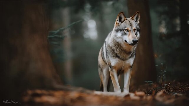 Wild gray wolf gazes intently through the dappled light of an ancient woodland
