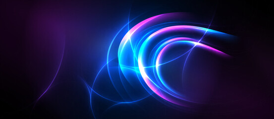 Abstract swirls, vibrant blues, purples dominate dark background. Light curves create dynamic energy, flowing shapes.