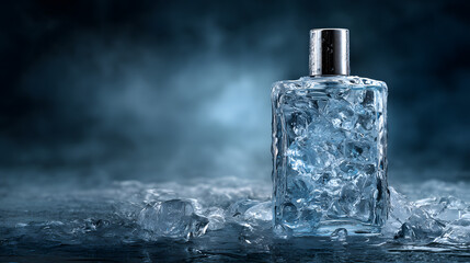 4K Luxury perfume bottle encased in ice, surrounded by frozen water and ice cubes, against a dramatic dark blue smoky background, symbolizing freshness and coolness image
