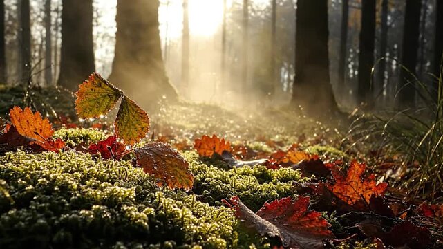 Sunbeams illuminate a forest floor covered in moss and autumn leaves.