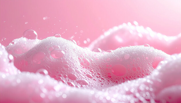 Soap foam texture on pink background, shampoo bubbles, hygiene and bath care concept