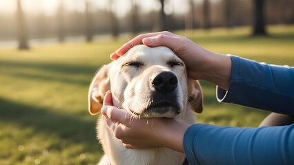 Hands gently stroking a golden retriever's head with eyes closed, conveying peace and contentment in a sunny outdoor park setting, highlighting human-animal connection