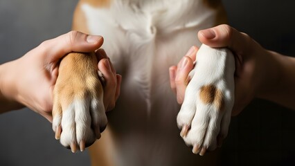 Close up of two human hands holding dog paws, showing care and connection, trust and friendship between human and animal, support, empathy, partnership, pet owner bond