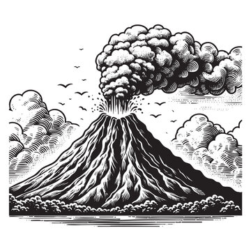 Antique engraved illustration from Mountain erruption on sea isolated on white background. Vector illustration in sketch style