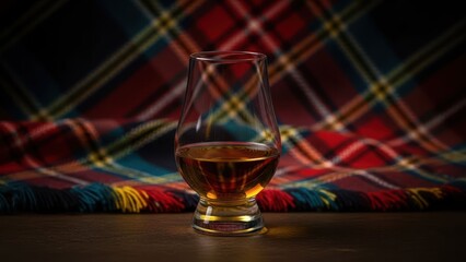 A clear glass with amber liquid set against a tartan background