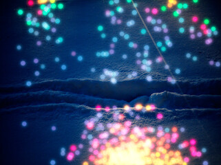 Dramatic new year lights on the snow path background