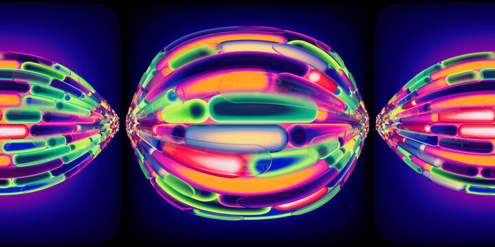 HDRI. Glowing neon gradient shapes. Full spherical panorama 360 degrees. 3D render illustration.