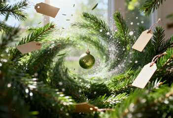 A magical swirl of pine branches with a green Christmas ornament at the center. Festive holiday concept with floating blank paper tags for copy space
