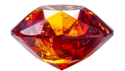 A faceted gemstone of reddish-orange hue, sparkling brightly against a black background
