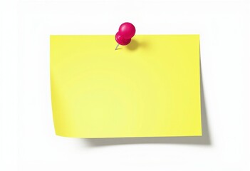 A Bright Yellow Sticky Note with a Pink Push Pin on a White Background