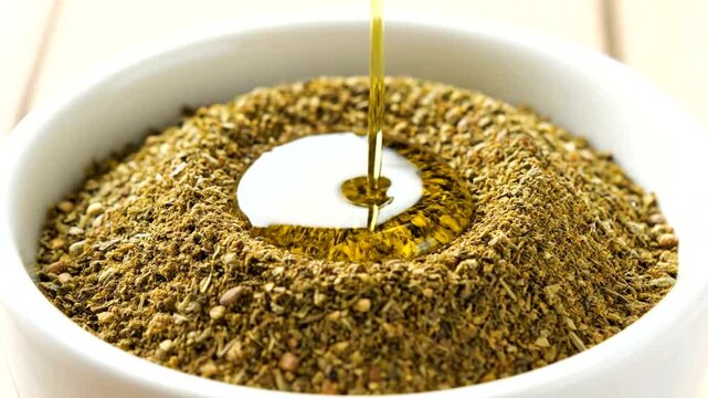 Olive oil being poured onto a pile of zaatar spice mix.