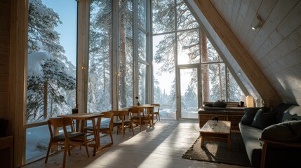Modern interior with large windows overlooking a snowy forest landscape