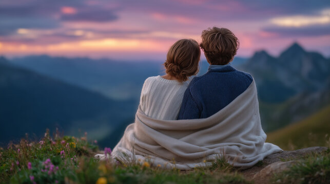A loving couple, wrapped in a blanket, sits on a mountain at sunset, view from behind, serene pastel sky after sunset, soft ambient light, couple quietly enjoying the view, intimat