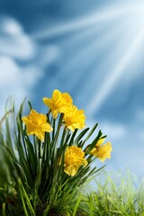 Obraz premium Vibrant yellow daffodils blooming under sunny blue sky