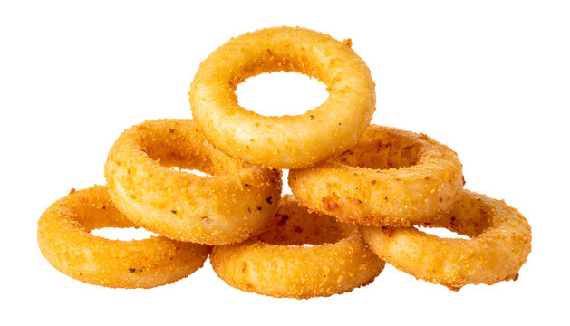 Close-up of golden, crispy, deep-fried onion rings, arranged in a small pile